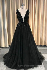 Semi Formal Prom Deep V-neck Long Black Party Semi Formal Prom Dresses With Lace Appliques